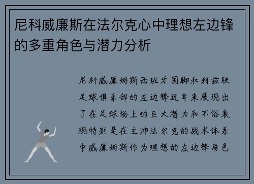尼科威廉斯在法尔克心中理想左边锋的多重角色与潜力分析